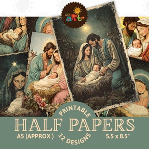 Bébé Jésus, Marie et Joseph, crèche de Noël à imprimer, journal indésirable, demi-papiers, album de cartes, page de livre, bricolage