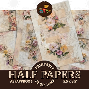 Collage de fleurs F sur un journal numérique éphémères, demi-papier, fond imprimable Scrapbooking, carte artisanale, page de livre de découpage, usages variés