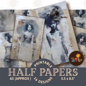 Ethereal Portrait Collage Printable Junk Journal Half Papers, Scrapbook, Card Digital Paper Kit für Buchherstellung