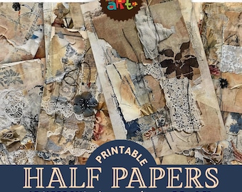 May include: Printable digital paper pack with 15 designs featuring a collage of vintage textures, lace, and floral patterns in shades of brown, white, and blue. The papers are A5 (approx.) size, 5.5 x 8.5 inches.