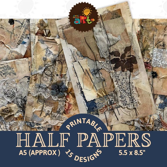 Messy Messy Textile Collage Printable Junk Journal Half Paper Rustic Grunge Scrapbook Digital Book Page Background Decoupage Craft Art