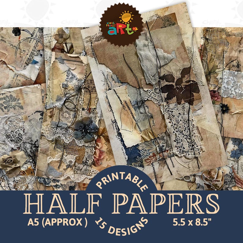 May include: Printable digital paper pack with 15 designs featuring a collage of vintage textures, lace, and floral patterns in shades of brown, white, and blue. The papers are A5 (approx.) size, 5.5 x 8.5 inches.