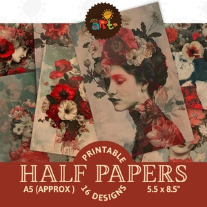 Collage de retrato de mujer con flores rojas para imprimir en papel, para diario basura, álbum de recortes, manualidades, tarjetas, decoupage, páginas de libros, joyas, uso comercial POD