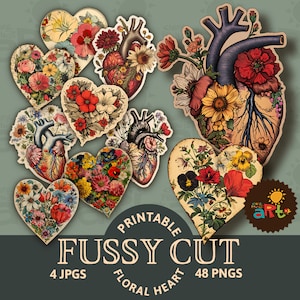 Cœur floral, 48 coupes soignées, anatomique, Saint-Valentin, oeuvre d'art à imprimer, carnet de bordel, scrapbooking, cartes, travaux manuels, page de livre, découpage, bijoux