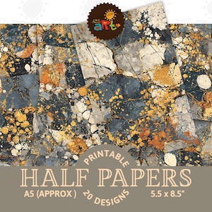 Op de afbeelding: Printbare halve vellen papier met een marmerpatroon in blauw, grijs, wit en goud. De vellen zijn A5-formaat, ongeveer 14 x 21,6 cm, en bevatten 20 ontwerpen. De afbeelding bevat de tekst "Printable Half Papers".