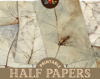Puede incluir: Paquete de papel digital imprimible con 30 diseños que presentan un primer plano de una hoja seca con un esquema de color blanco y marrón. El tamaño del papel es A5 (aproximadamente 5,5 x 8,5 pulgadas).