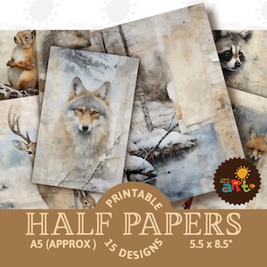 Collage de débris de Noël, animaux de la forêt enneigés, journal imprimable pourriel, demi-papiers, scrapbooking textile décoratif hivernal, carte, travaux manuels