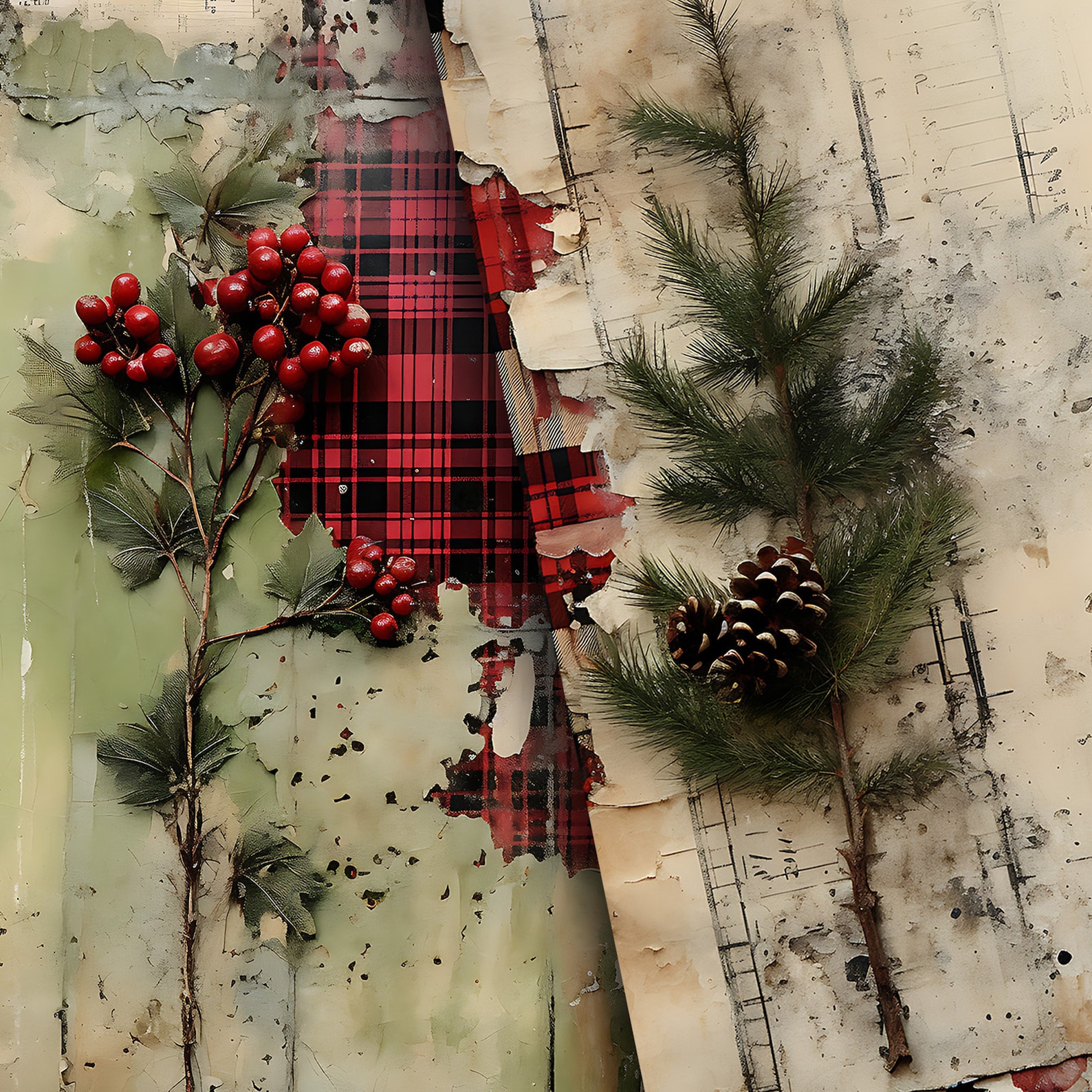 Christmas Holiday Plaid Rustic Collage Printable Junk Journal Half ...