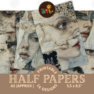 Bits and Pieces Portrait Fille Collage Imprimable Journal indésirable Moitié papier Scrapbooking Artisanat Carte Decoupage Livre Bijoux Utilisation commerciale POD