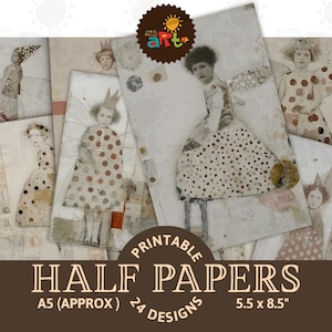 Ragazza primaverile stravagante a pois con messa a fuoco morbida e grunge, collage, stampabile, diario di rifiuti, mezza pagina di carta, effimera, album, carta, artigianato