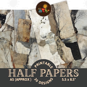 Op de afbeelding: Een verzameling printbare halve papieren met abstracte kunstontwerpen. De papieren hebben een mix van neutrale kleuren, waaronder beige, grijs en wit, met getextureerde details en boom silhouetten. Elk papier meet 14 x 21,6 cm.