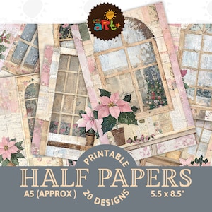 Weihnachtsfeiertags-Fenster mit rosa Poinsettia druckbare Collage Junk-Journal halbe Papiere Sammelalbum Digital Paper Kit Kartenbuch-Hintergrund