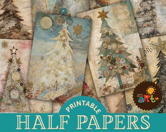 12 Christmas Trees Mixed Textiles Paper Collage Printable Junk Journal Half Papers, Scrapbook, Seasonal Greeting Card, Book Page
