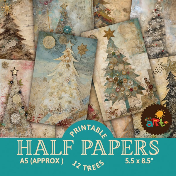 12 Christmas Trees Mixed Textiles Paper Collage Printable Junk Journal Half Papers, Scrapbook, Seasonal Greeting Card, Book Page