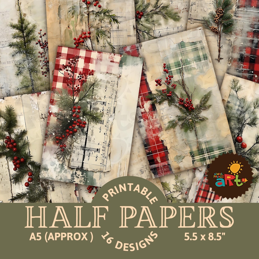 Christmas Holiday Plaid Rustic Collage Printable Junk Journal Half ...