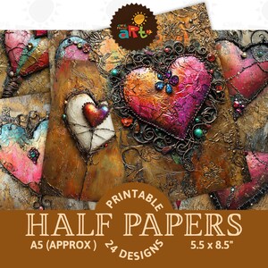 Cœur assemblé sur fond doré Journal indésirable demi-papier Saint-Valentin Scrapbooking imprimable Kit numérique Carte livre Artisanat Art de découpage de bijoux