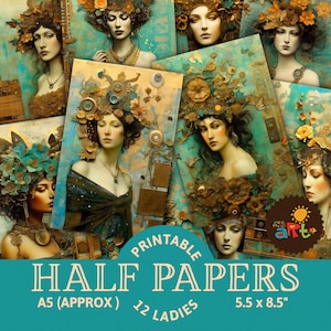 Collage de papel de técnica mixta con mujer adornada con oro, imprimible, papel de diario basura, página de álbum de recortes, para hacer tarjetas, manualidades y libros