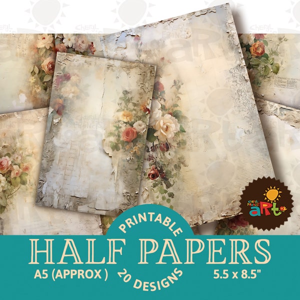 Flowers on Textured Shabby White Collage Printable Junk Journal Half Papers, Scrapbook Resource, Digital Paper Kit, Floral Cards, Book
