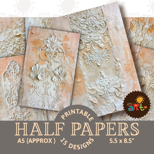 Ornamental Plaster Lace Distressed Peach Printable Junk Journal Half Papers, Scrapbook, Digital Kit, Cards, Craft, Book, Background, Collage