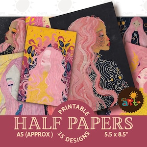 Chica con pelo largo rosa, papel para diario basura, imprimible, ilustrado, álbum de recortes, kit digital, tarjetas, manualidades, libro, fondo, collage