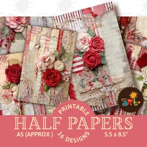 Rot und Weiß Floral rustikale Collage Printable Junk Journal Halbe Papiere für die Buchherstellung, Basteln, Karten und Scrapbooking Digital Kit