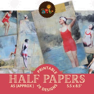 Collage de mujer de verano con piscina, imprimible, diario basura, página de medio papel, álbum de recortes digital, manualidades, técnica mixta, decoupage, imagen, libro hecho a mano