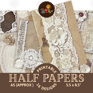 Spitzen Rahmen auf Beige Braun Ephemera Junk Journal Halbes Papier Druckbarer Hintergrund Scrapbook Craft Card Decoupage Buch Page Layout Digital Kit