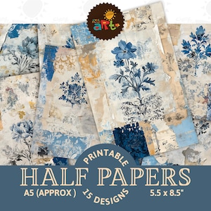 Floral blau heraldische Emblem Muster Printable Junk Journal Hälfte Papier Dekorative Sammelalbum Digitales Buch Seite Hintergrund Decoupage Handwerk Kunst