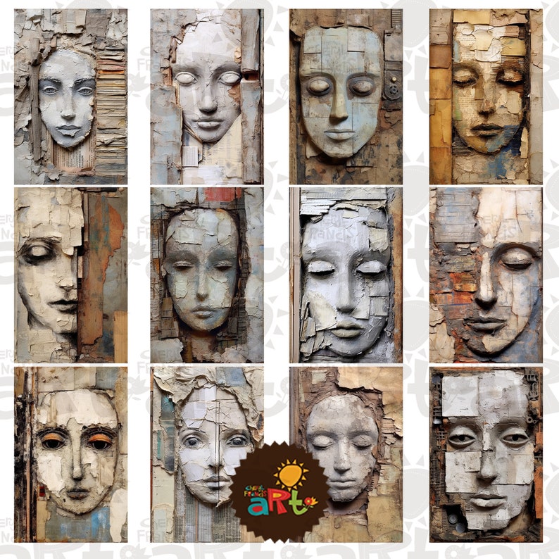 12 Rustic Face Portrait Collage Printable Junk Journal Half Papers - Etsy
