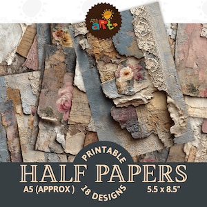 以下が含まれることがあります： ヴィンテージ感のある、印刷可能なハーフペーパーのコレクション。紙は、破れた縁、花のアクセント、レースのディテールが特徴の、使い古した外観をしています。紙のサイズは約14 x 21.6 cmです。