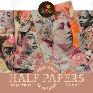 Pink Orange Collage Frauen Porträt Printable Junk Journal Halb Papier Scrapbook Digital Kit Buch Seite Hintergrund Decoupage Schmuck Handwerk