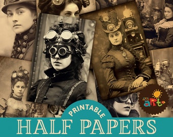 Antique Photos of Steampunk Women Portraits Printable Junk Journal Half Papers, Scrapbook Resource
