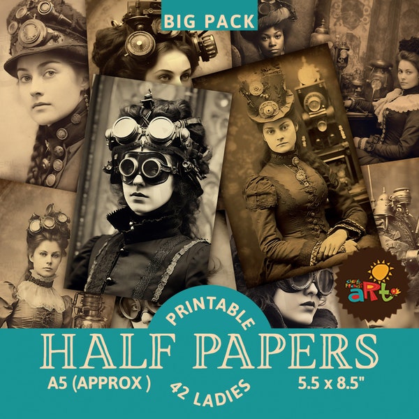 Antique Photos of Steampunk Women Portraits Printable Junk Journal Half Papers, Scrapbook Resource