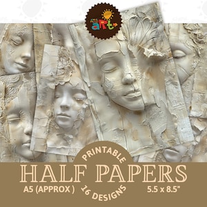 Collage di ritratti dimensionali in avorio e oro, stampabile, diario spazzatura, sfondo a metà carta, album di ritagli, biglietti di auguri, libro per decoupage, uso commerciale