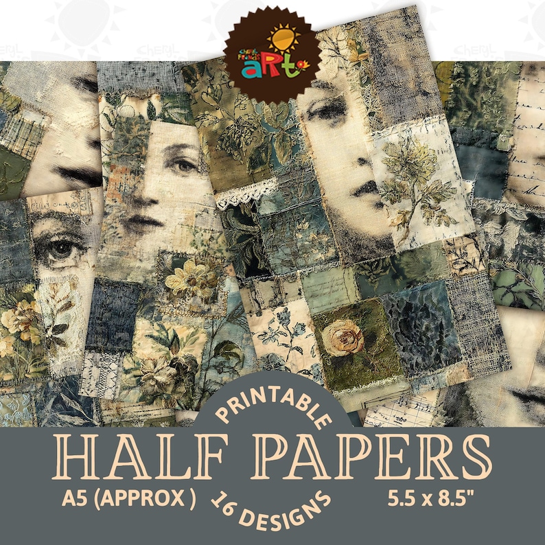 May include: A collection of printable half papers featuring 16 designs with a patchwork aesthetic. The imagery includes vintage-style faces, botanical illustrations, floral patterns, lace textures, and handwritten script in muted green, blue, and cream tones.