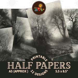 Collage imprimible de naturaleza gris con árboles y paisajes melancólicos, diario basura, kit de álbum de recortes digital imprimible de media página, tarjeta de manualidades, decoupage