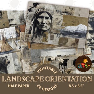 Könnte beinhalten: Eine Sammlung druckbarer Kunstdrucke im Querformat. Die Kunstwerke zeigen indianische Porträts, Landschaften mit Bergen, Bären und Rindern. Die Drucke sind im halben Papierformat, 21,6 x 14 cm, mit 24 Designs.