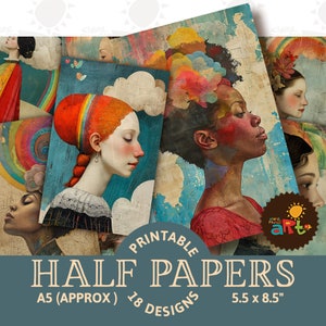 Junk Journal Half Papers surrealistisch regenboog portret afdrukbare collage plakboek digitale ephemera kit kaart boekpagina's achtergrond sieraden afbeelding
