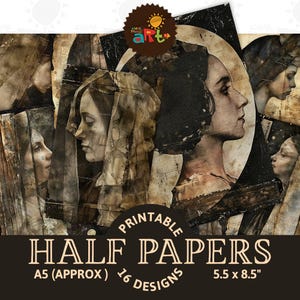 Dark Grime Profile Portrait Collage Junk Journal Half Paper Printable Ephemera Background Scrapbook Craft Card Decoupage Book Page Digital