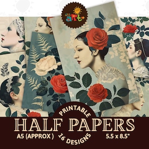 Collage de retrato de mujer con rosa roja para imprimir, diario basura, fondo de medio papel, álbum de recortes, manualidades, tarjetas, decoupage, libro, uso comercial
