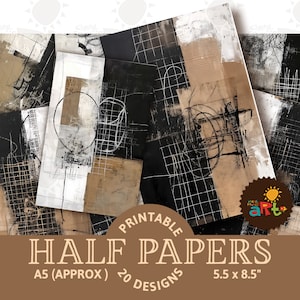 Papeles imprimibles para diario basura, collage de notas en blanco y negro, kit de efímeras digitales, tarjeta, libro, fondo, textil, manualidades