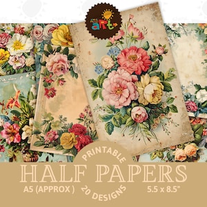 Album décoratif victorien avec collage floral, journal indésirable, demi-page, kit numérique imprimable éphémère, arrière-plan, découpage de cartes artisanales