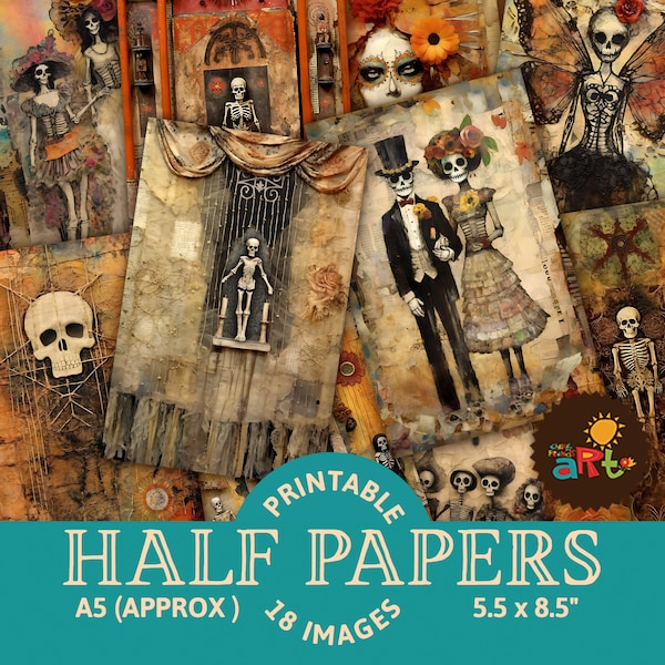 Day of the Dead, Dia de los Muertos Scrap Collage Printable Junk Journal Half Papers, Scrapbook Resource, Digital Paper Kit