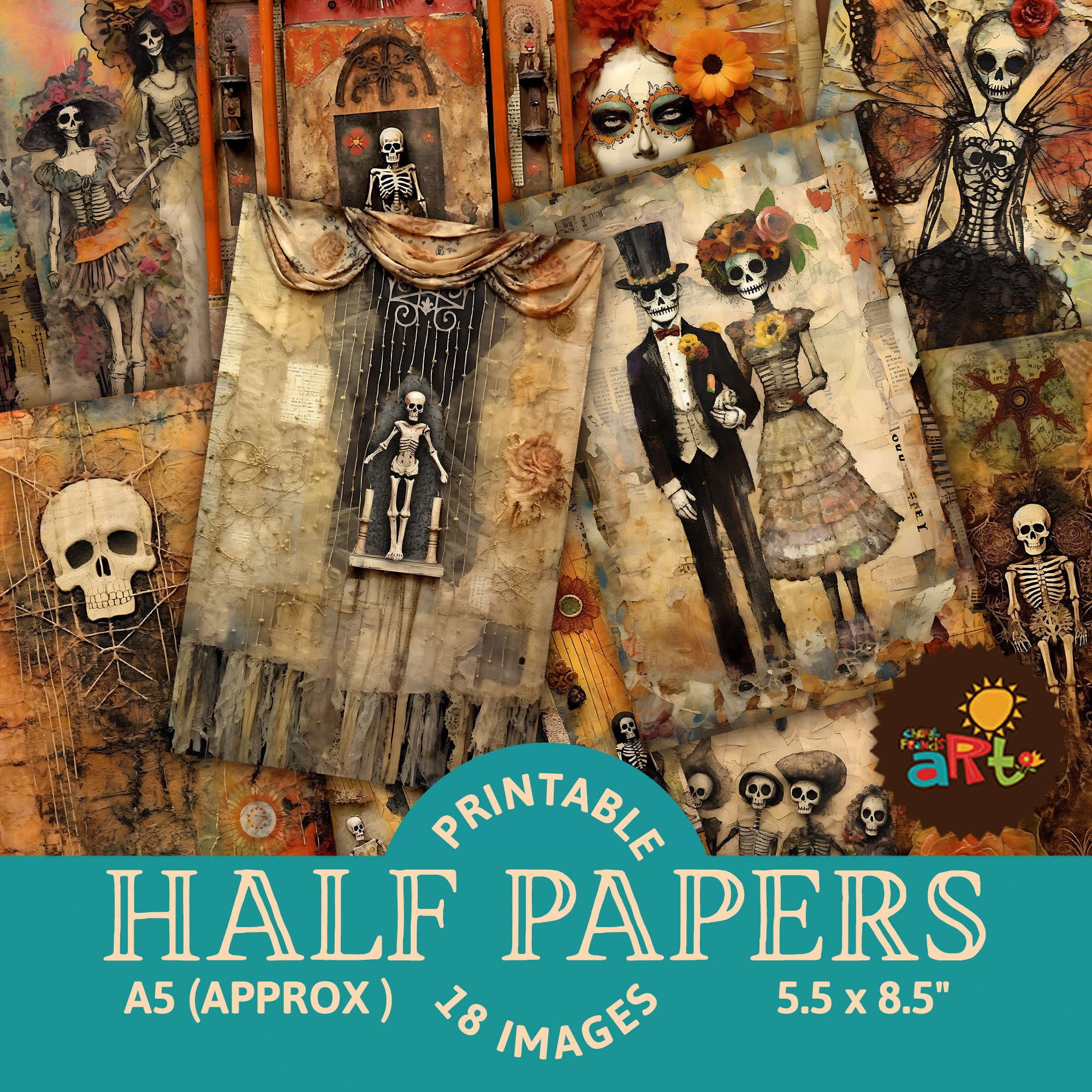 Day of the Dead, Dia de los Muertos Scrap Collage Printable Junk Journal Half Papers, Scrapbook Resource, Digital Paper Kit