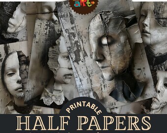 Black and White Constructed Face Printable Junk Journal Half Paper Ephemera Scrapbook Digital Kit Book Page Background Decoupage Craft Art