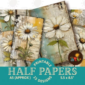 Gemalte Gänseblümchen-Papiercollage, druckbares Junk-Journal, halbe Papiere, dekoratives Blumen- und Textil-Sammelalbum, Karte, Basteln, verändertes Buch