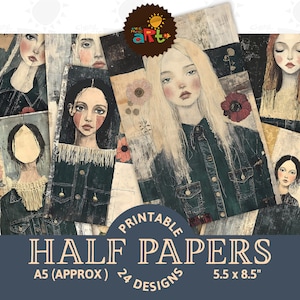 Portrait de jeune fille avec un demi-papier de papier indésirable, collage imprimable, album, kit numérique, carte, livre, arrière-plan, botanique, bijoux
