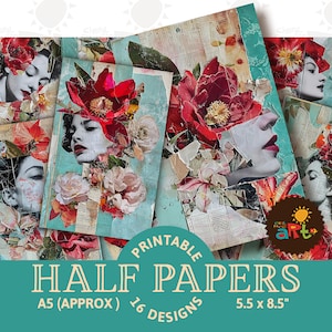 Rote Lilie Collage Lady Portrait Printable Junk Journal Hälfte Papiere, Scrapbook, Handwerk, Karte, Decoupage, Buch Seite, Schmuck, kommerziellen POD