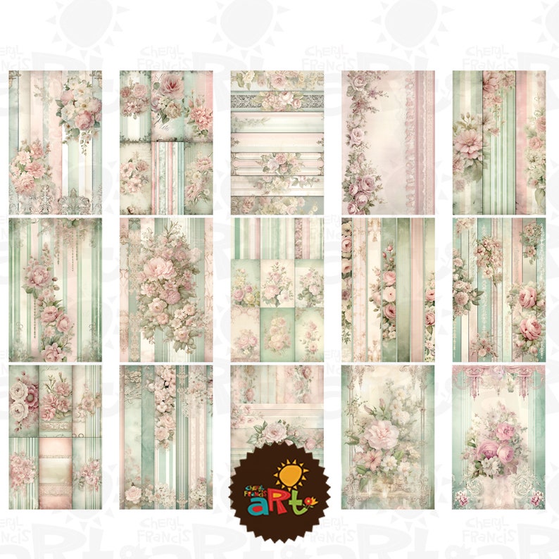 Floral Stripes Printable Junk Journal Half Papers, Decorative Digital ...