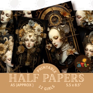 Collage de retratos de damas steampunk, hojas imprimibles para diario basura, páginas de álbum de recortes, para hacer tarjetas, manualidades y libros, suministros digitales